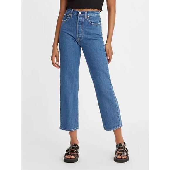 Levi's Blue Cotton Button Fly Cropped Ribcage Straight Ankle Jeans Size 16W - Picture 2 of 15